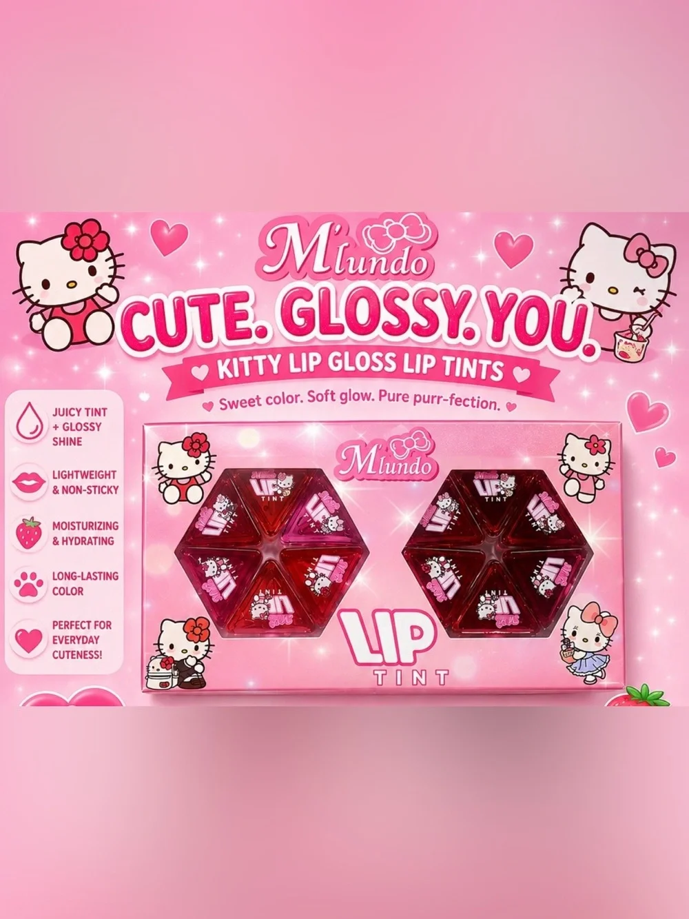 Cute Glossy Kitty Lip Tint - Pink Red Set of 12